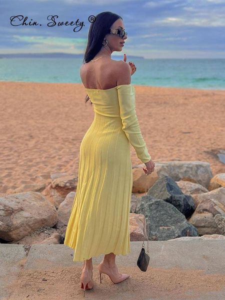 

basic casual dresses elegant off shoulder knitted solid womens dress autumn long sleeve ribbed bodycon midi fashion holiday slim vestidos 23, Black;gray