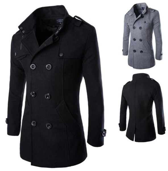 

autumn long wool coat fashion men turndown collar wool blend double breasted pea coat jacket men overcoats jacket7877461, Black