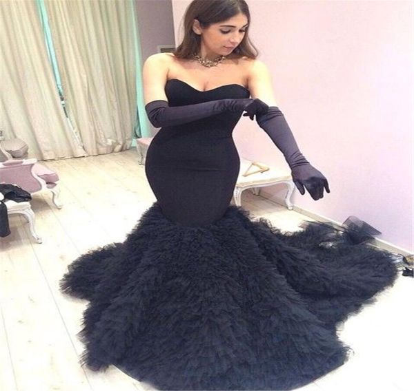 

modern black ruffles tulle mermaid prom dress sweetheart sweep train simple evening gowns vestido com pedras9265047