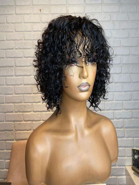 

human hair scalp base wigs with bang fashion curly full machine made 200 density for women1696663, Black