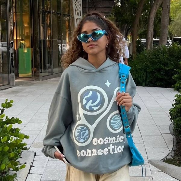 

women's hoodies sweatshirts planet printing oversized hoodie women high street trend retro clothing trend casual jacket loose pullover, Black