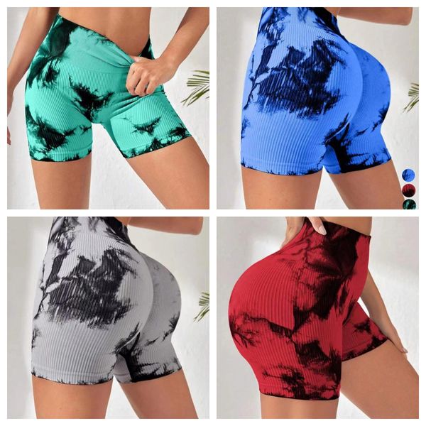 

2023 new thread tie-dyed yoga shorts with high waist and hips, three-point fitness pants and abdomen running shorts for women, White;red