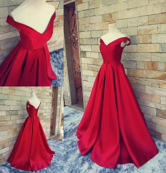 

elegant red satin a line vintage evening dresses off shoulder open back laceup ribbons custom women wear formal prom party gowns 1232881, Black;red