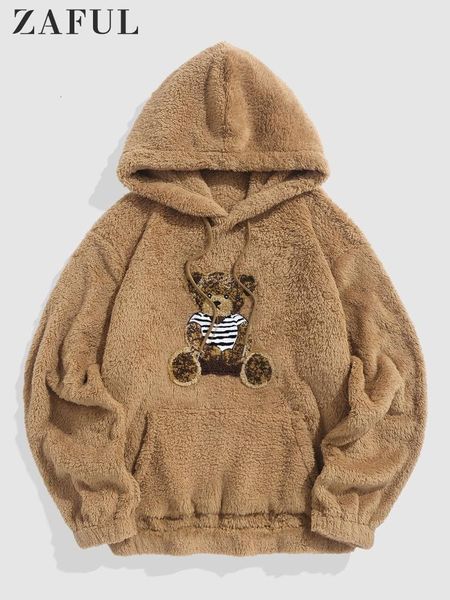 

men's hoodies sweatshirts hooded hoodies for men fluffy teddy bear pattern sweatshirts fall winter streetwear pullover casual long slee, Black