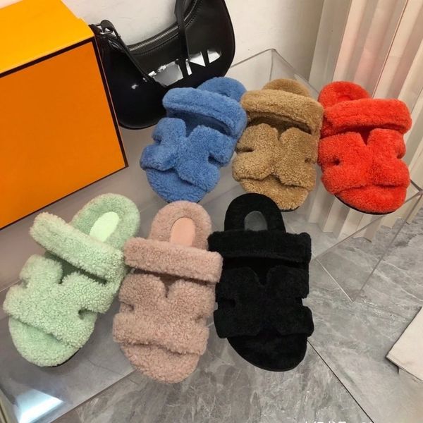 

chypre designer brand h sandals sheepskin slipper women's wool wool slipper sheepskin sandals flat slipper family shoes 35-40, Black