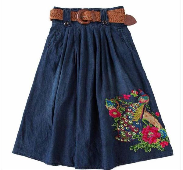 

whole s5xl big size long jean skirts womens denim skirts girls bohemia pleated jupe blue saia folk stitch female skirt elastic9762544, Black