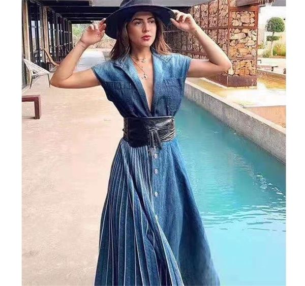 

cosmicchic autumn winter denim pleated maxi skirt runway designer high waist single button jeans long skirt t2003242940457, Black