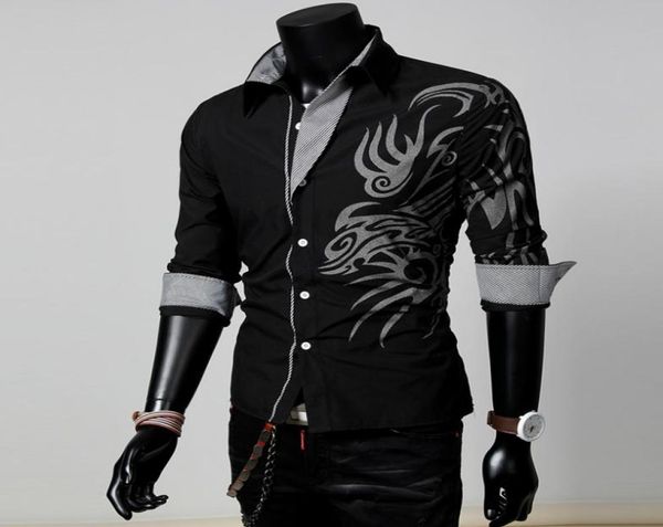 

men male fashion long sleeve european style tattoo dragon printed shirt silm fit shirt 4 colors4290271, White;black