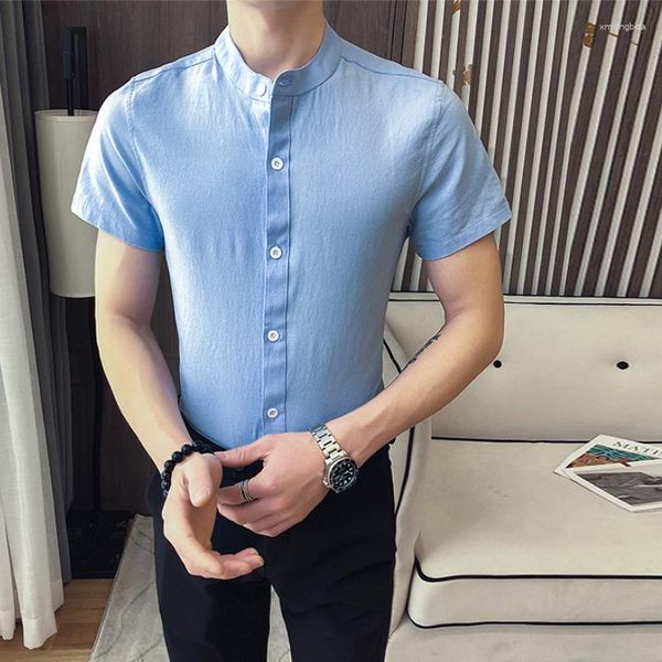 

men's casual shirts summer mandarin collar cotton men plus size short sleeved male blouse streetwear breathable solid camisas chemise, White;black