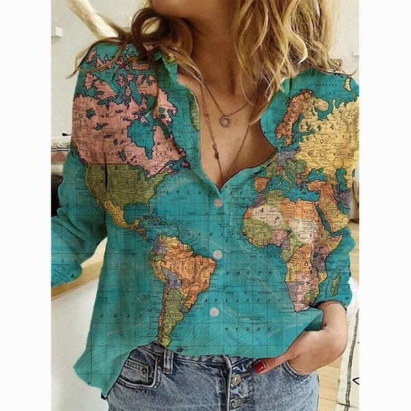 

womens clothing spring shirt fashion map depicting printed long sleeved for women, White