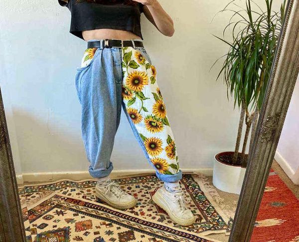 

2020 new trend s printed light blue jeans fit women young girls soft denim long pant patchwork harem hight waist jeans y2203112468092