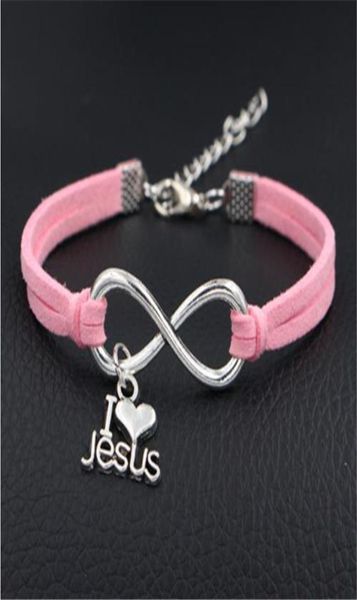 

new fashion women men jewelry retro diy infinity i love jesus heart friendship rock style pink leather rope bracelet bangles adjus6052083, Golden;silver