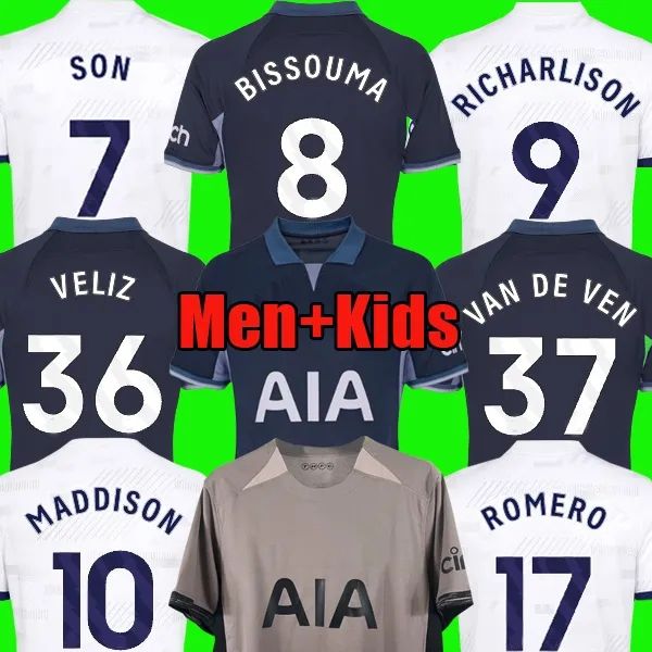 

maddison son 23 24 soccer jerseys kulusevski richarlison kulusevski 2023 2024 romero veliz van de ven bissouma tottenham football kit shirt, Black;yellow