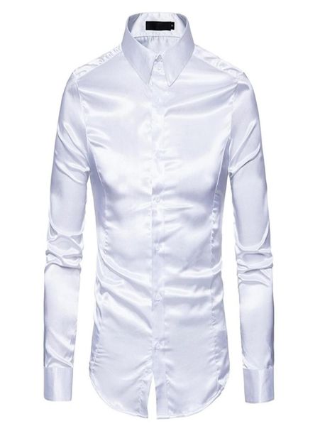 

mens white silk shirt fashion satin men social casual slim fit long sleeve dress s male camisa masculina 2203225771987, White;black
