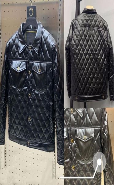 

men039s motorcycle lapel jacket fallwinter lightweight shiny short faux pu leather casual embroidered diamond check cotton zip2115887, Black;brown