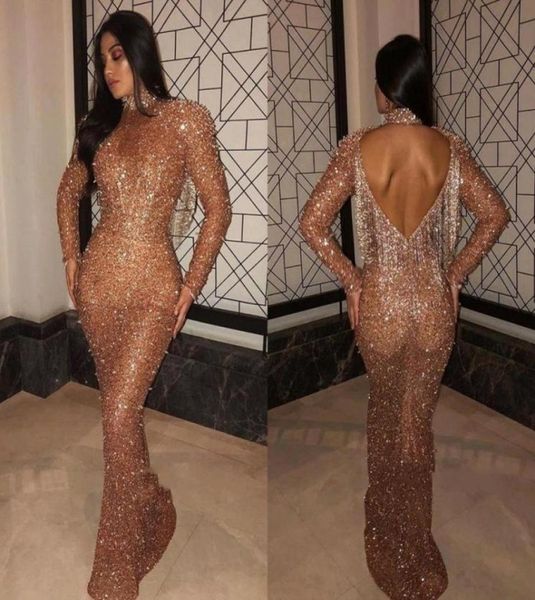 

2020 luxury arabic mermaid long prom dresses gold high neck long sleeves tassel back dubai evening party gowns vestidos bc08405059992, Black