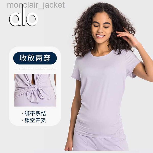 

desginer alos yoga t shirt new skincare nude quick dried short sleeve fashion butterfly strap sports fitness for women, White