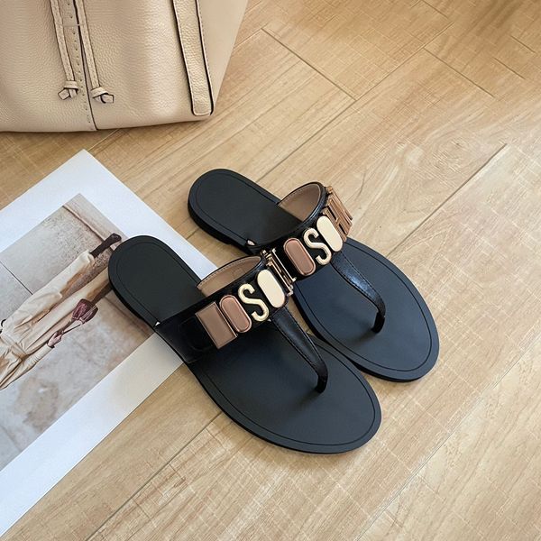 

fashion mo schino thong flip flops sandals designer metal logo slipper womans shoe sliders summer leather mules sandale flat heel black outd