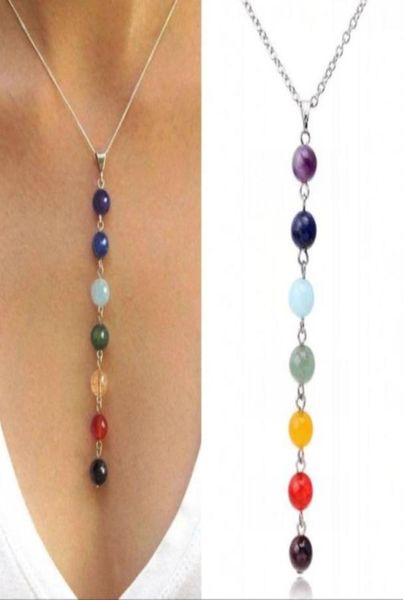 

7chakra reiki beads healing gemstone charms pendant necklace yoga balancing lapisturquoiseamethyst crystaljade fashion jewelry6720184, Silver