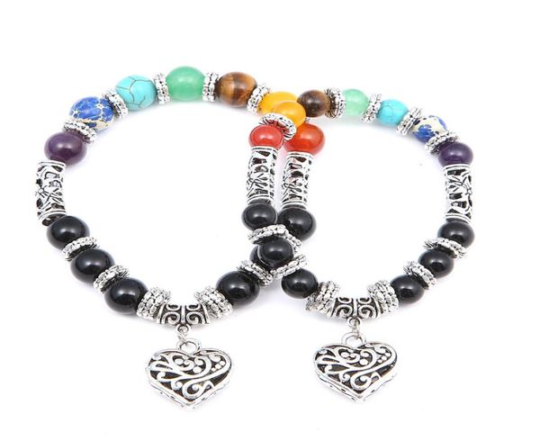 

7 chakra beaded strands bracelets bangles for women gifts heart pendant natural stone bracelet handmade yoga jewelry1611873, Black