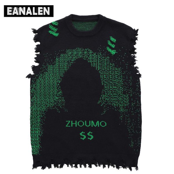 

men's sweaters harajuku black green tattered fringed sweater vest women's y2k vintage oversized knitted ugly sleeveless sweater me, White;black