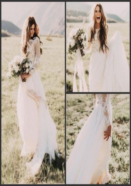 

2020 new elegant vintage secret country style lace wedding dresses with long sleeves back zipper modest sweep train bridal gowns 33243154, White