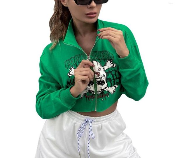 

women039s hoodies ladies trendy zipper sweatshirt spring autumn girls creative skull printing long sleeve lapel loose short 395630, Black