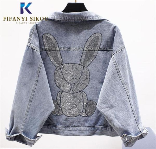 

korean women039s cartoon denim jacket pocket diamonds long sleeve jeans jacket women short coat loose fashion washed jeans coat9707704144, Black;brown