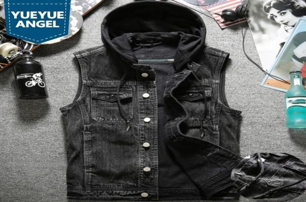 

autumn mens washed denim vest jacket hoody single breasted cowboy jeans waistcoat slim fit tank plus size biker outerwear men0391552272, Black;white