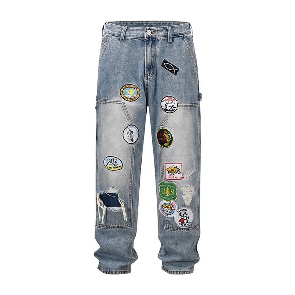 

high street jeans pants men's superior hip hop men patch straight cargo denim pant mens casual trousers, Black;brown