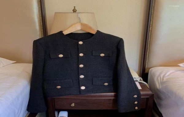 

women039s jackets fashion button single breasted short jacket coat women vintage elegant tweed black outerwear clothes6596212, Black;brown