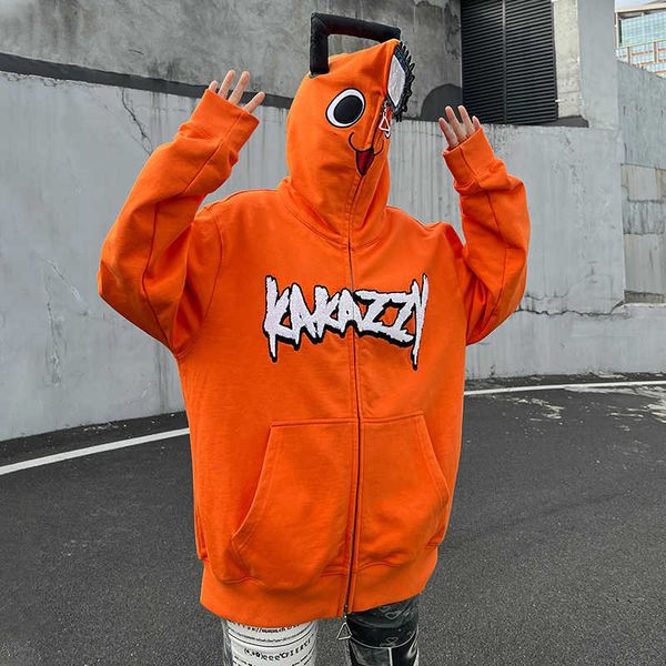 

kakazy zipper sweater autumn/winter pure cotton hooded coat fashion brand electric saw man pochita men and women, Black