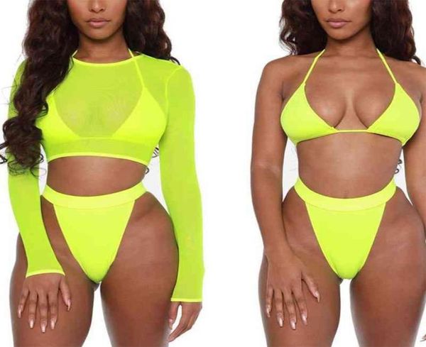 

3 piece neon green bikini swimsuit women long sleeve swimwear women high waist bikini set high cut bathing suit 2103223077175