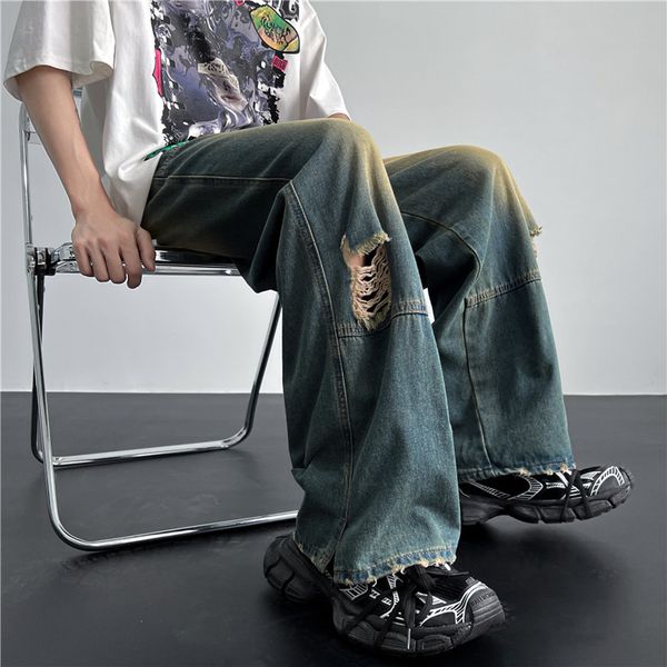 

men's jeans men's hip hop ripped hole jeans korean handsome casual pants high street straight loose wide leg jeans vintage blue ba