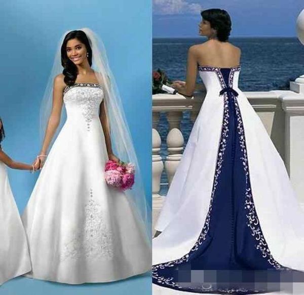 

vintage white and blue satin beach wedding dresses 2019 strapless embroidery chapel train corset custom made bridal wedding gowns 7257491