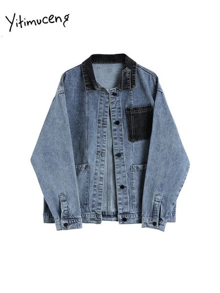 

women's jackets yitimuceng patchwork jean jacket for women fashion asymmetrical turn down collar coats vintage streetwear denim jacket, Black;brown