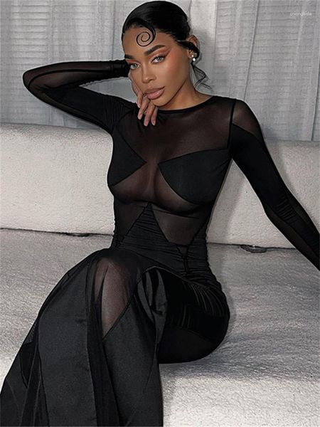 

casual dresses mesh patchwork y2k clothes long sleeve o-neck bodycon dress women 2023 spring birthday party elegant outfits, Black;gray