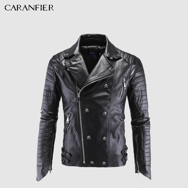 

men's jackets caranfier leather jacket men designer skull rivet studded punk rock black biker leather motorcycle jackets men plus size, Black;brown