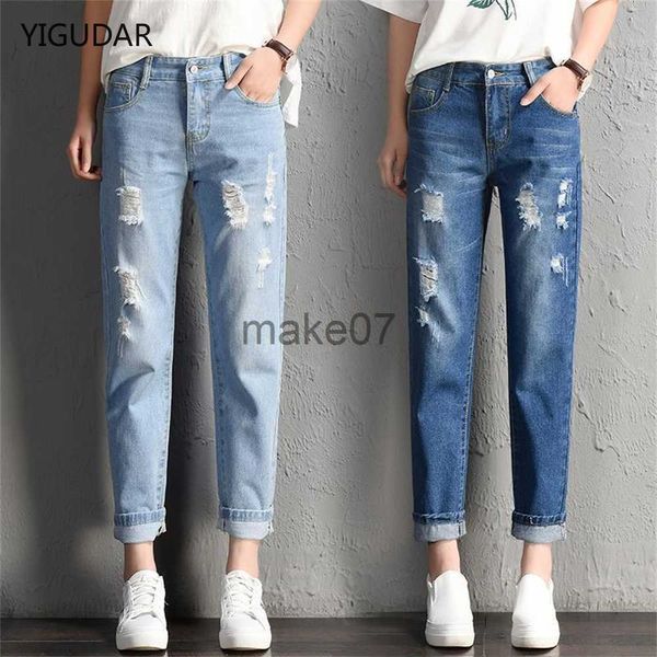 

women's jeans 2022 new women fashion mid waist boyfriend big ripped hole jeans casual high street denim pants vintage pencil calca jean, Blue