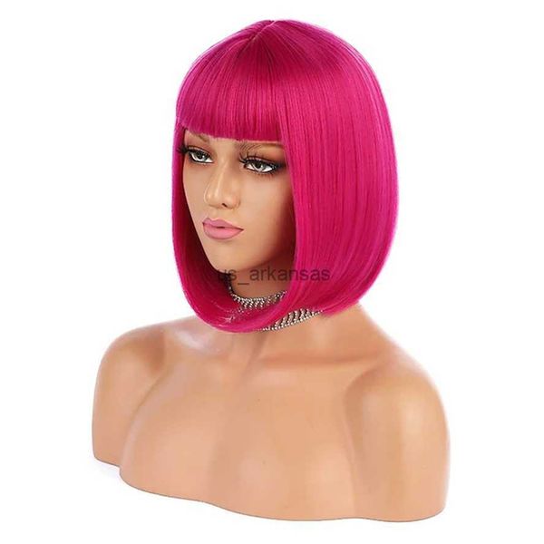 

synthetic wigs short straight bob with bangs wig short pink t-rose silver grey white blue purple synthetic hair 12 inch women's party w, Black