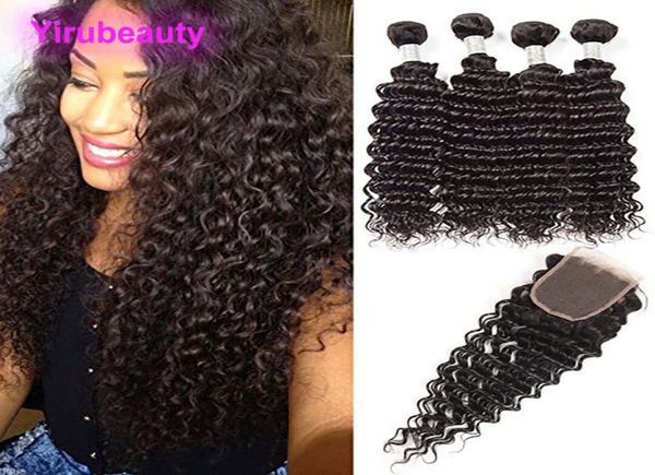 

peruvian 4 bundles with 4x4 lace closure human hair 5 pieceslot deep wave curly lace closures with bundles 828inch9344818, Black;brown