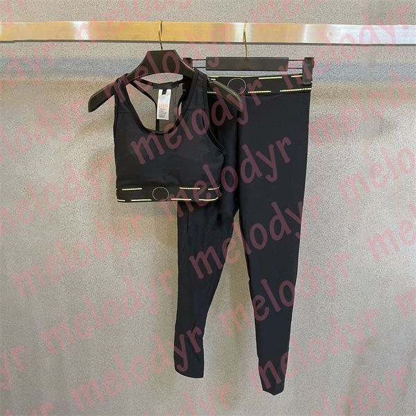 

women yoga outfit breathable mesh tank high elastic sport leggings retro print summer sportswear two piece pants set, Black