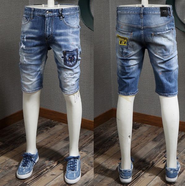 

2019 men039s short jeans with pocket ripped casual vintage blue washed knee length damage denim shorts7140068
