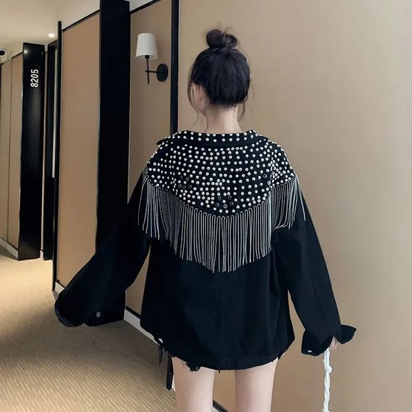 

women's jackets autumn women denim jacket hand-studded rivet tassel overcoat female jeans jacket loose black coats outwear 230817, Black;brown