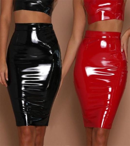 

women mini elegant bodycon latex skirt high waist pencil pu patent leather skirt black office short skirts female y2003267933579