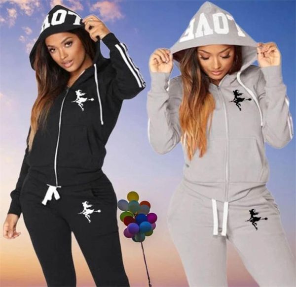 

printed woman tracksuits zipper hooded pullover jogging pants 2pcs set spring autumn womens suit fitness silm fit sports kit 220728316378, Black