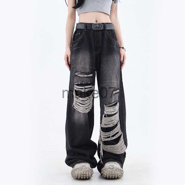 

women's jeans y2k vintage black hole women jeans bf summer blue high waist hip hop loose wide leg pants korean solid straight denim pan