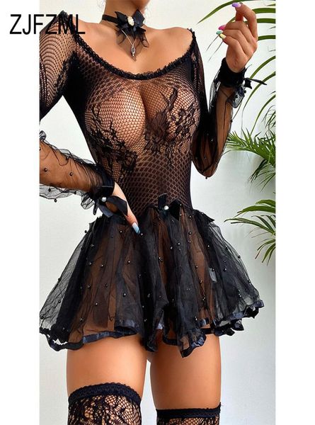 

designers women lace dresses black hollow beading see through long sleeve midnight clubwear party dress fashion pleated fit a7939965, White;black