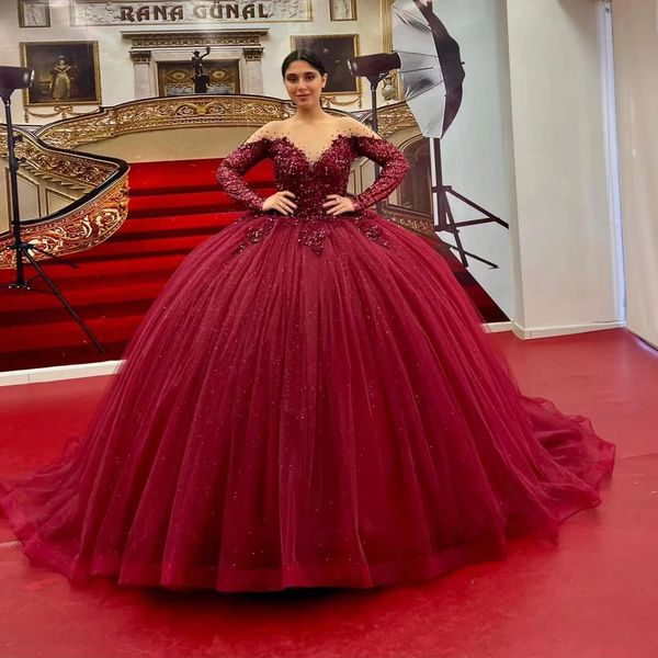 

2023 royal blue quinceanera ball gown dresses dark red jewel neck long sleeves sequined lace appliques crystal beads floor length tulle part, Blue;red