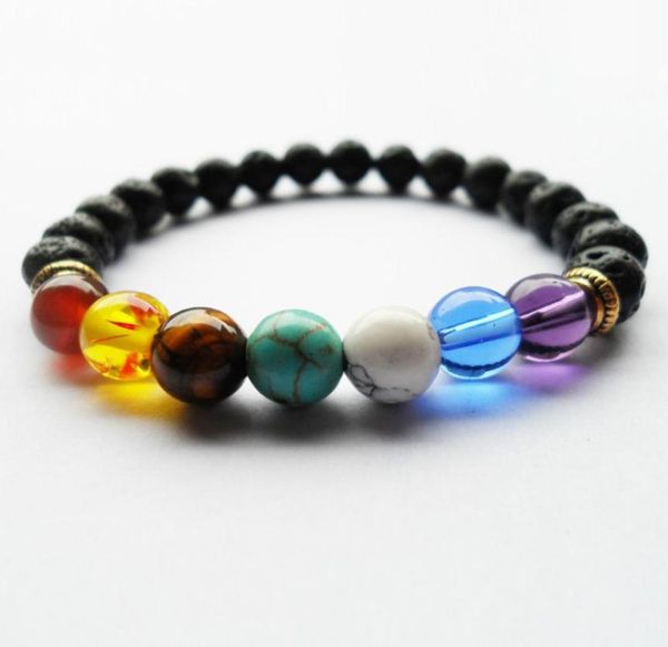 

black lava volcanic stone 7 chakra braceletnatural stone yoga bracelethealing reiki prayer balance buddha beads bracelet3289061, Golden;silver